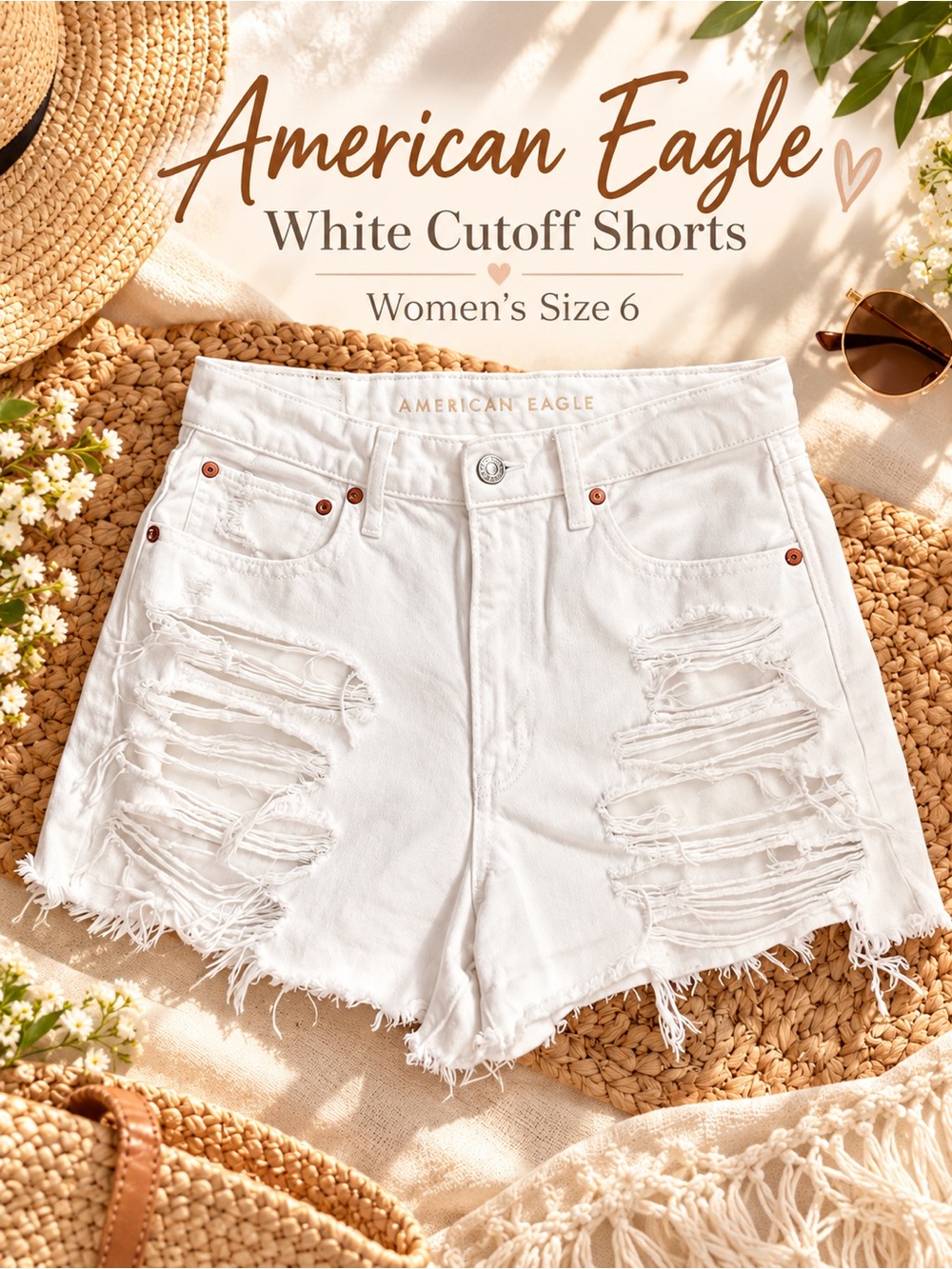 American Eagle White Distressed Cutoff Denim Shorts Size 6 High Rise